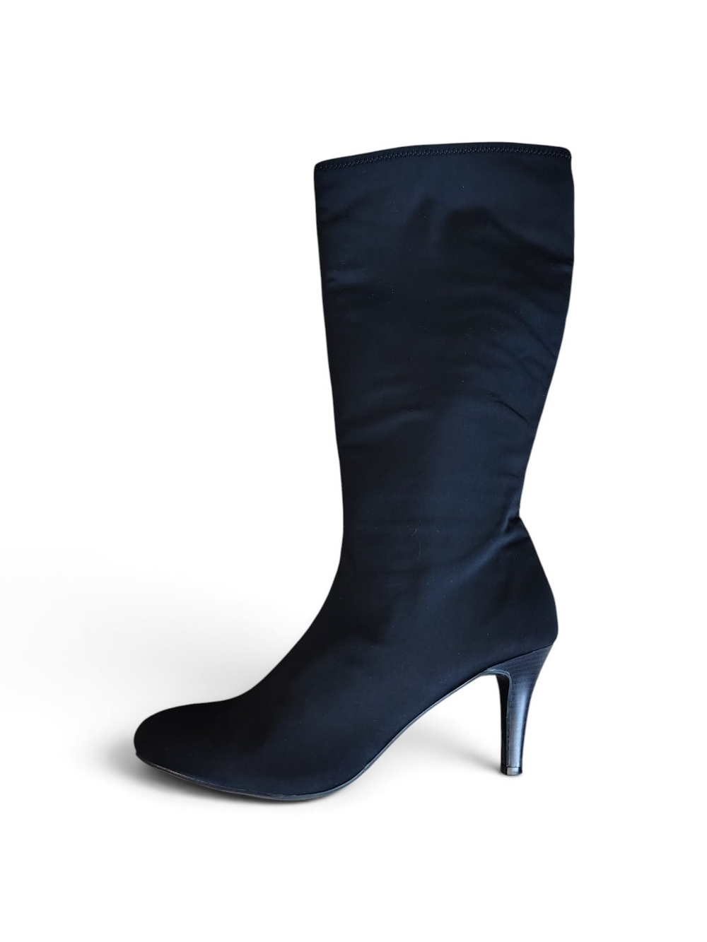 Impo Women's Black Knee High Pointed Toe Stiletto Boots Zip Stretch Calf 9M
